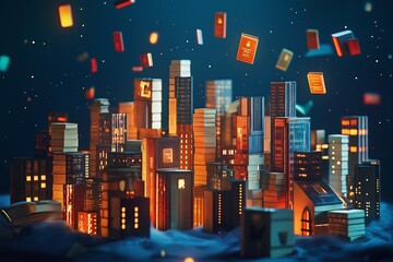 Aufkleber - A city skyline made entirely of books, with glowing letters floating in the air