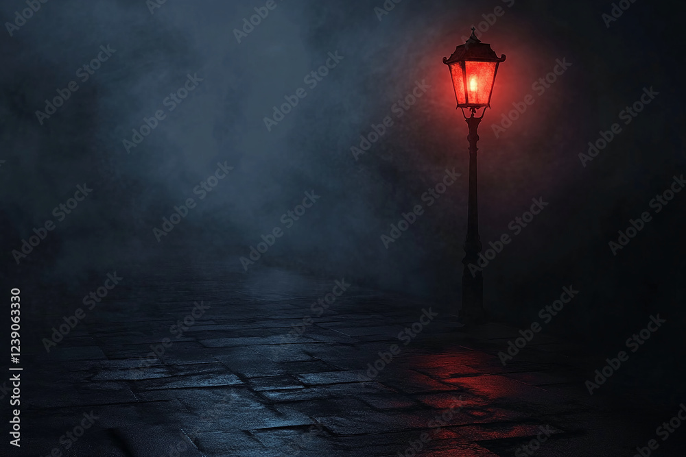 Red street lamp in a foggy, dark alley casting a soft glow on the wet ...