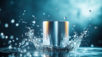 Poster - A metallic cup is dramatically splashed with water, capturing the moment of impact and showcasing the interplay of light, reflections, and motion in an artistic way.