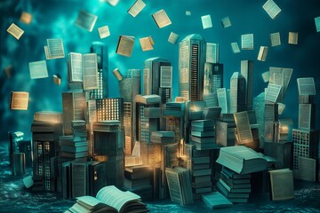 Wall Mural - A city skyline made entirely of books, with glowing letters floating in the air