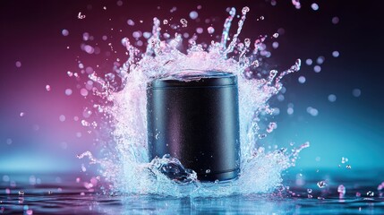 Poster - A sleek black speaker emerges from vibrant water splashes, showcasing a stunning contrast against a colorful background, highlighting modern technology and energy.