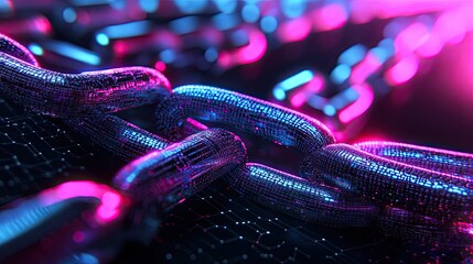 Poster - Cryptocurrency visualization with blockchain links and neon data grids, symbolizing secure digital transactions.