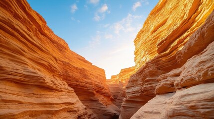 Poster - A stunning view of a canyon with layered, orange rock formations under a bright sky, showcasing the beauty of natural landscapes.