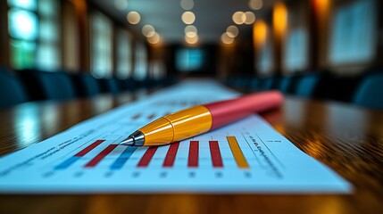 Poster - Business meeting prep pen on charts, conference room blurred background