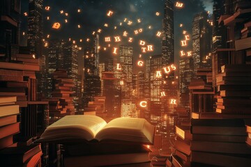 Aufkleber - A city skyline made entirely of books, with glowing letters floating in the air