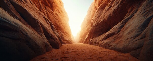 Poster - A stunning canyon view with warm sunlight illuminating the narrow passage between rocky walls, creating a serene desert landscape.