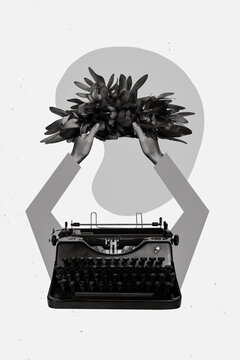 Banner poster collage of weird strange typewriter hold hands bunch bouquet flowers typing exotic march gift