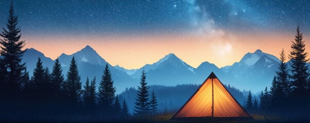 Poster - A serene camping scene under a starry sky, featuring a glowing tent surrounded by mountains and trees at dusk.