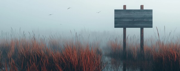 Poster - A foggy landscape features tall, reddish grass and a wooden signpost, evoking a serene, mysterious atmosphere.