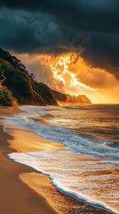 Poster - Waves softly crash onto a sandy shore, their foamy edges shimmering in golden light. Dark clouds form a stunning backdrop as the sun sets, creating a mesmerizing interplay of colors