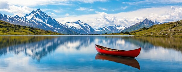 Poster - A serene lake scene featuring a red canoe, surrounded by majestic mountains and a clear blue sky reflecting on the water