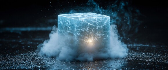 Poster - Glowing ice cube in smoke, dark background, science concept