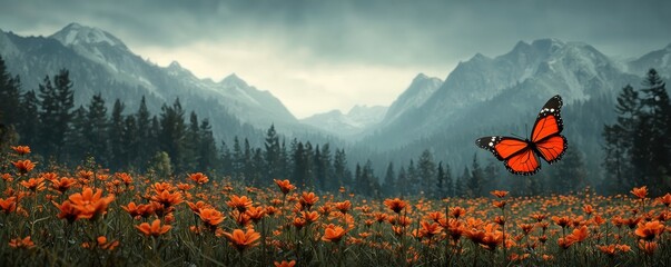 Poster - A serene landscape featuring vibrant orange flowers in a meadow, with majestic mountains in the background and a butterfly fluttering above.