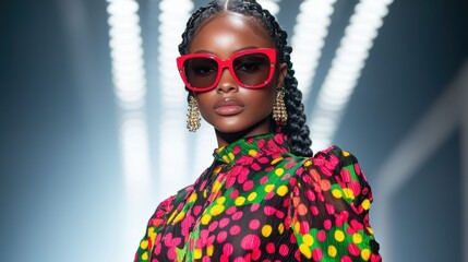 A stunning model wears a vibrant polka dot outfit and bold accessories, showcasing modern fashion trends and celebrating individuality and self-expression in style.