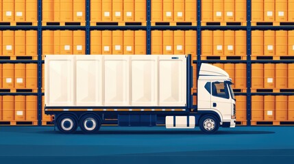 Poster - A white truck is parked beside a wall of stacked orange shipping containers in a warehouse setting.