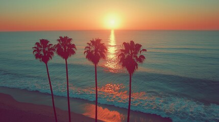 Canvas Print - Sunset ocean beach palm trees aerial view travel postcard