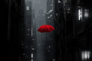 Poster - A film noir-inspired black-and-white cityscape with a single red umbrella standing out