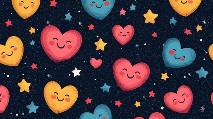 Aufkleber - A playful pattern featuring colorful, smiling hearts and stars against a dark background, exuding a cheerful and whimsical vibe.