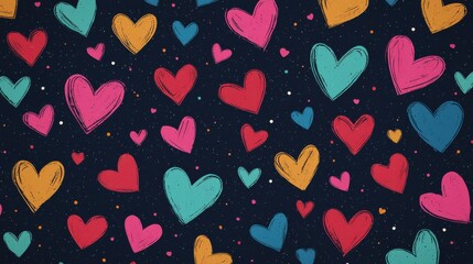 Poster - A vibrant pattern featuring colorful hearts in various sizes against a dark background, creating a playful and cheerful atmosphere.