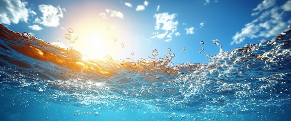 Aufkleber - Underwater sunlit ocean wave, blue sky, bubbles. Summer vacation background