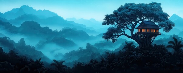 Poster - A serene landscape featuring a treehouse nestled among misty mountains, illuminated by soft light, evoking a sense of tranquility and adventure in nature.