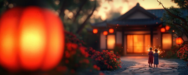 Aufkleber - A serene evening scene featuring two children near a traditional house, illuminated by glowing lanterns amidst vibrant flowers.