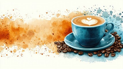 Watercolor Painting of Latte Coffee Beans and Cup