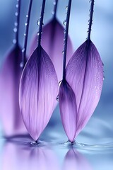 Wall Mural - Close-up of delicate purple flower petals with droplets, showcasing their elegant shape and texture against a soft blue background, creating a tranquil and serene mood.