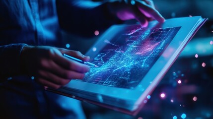 Poster - businessman using a pen on a transparent digital tablet, displaying holographic charts and graphs in