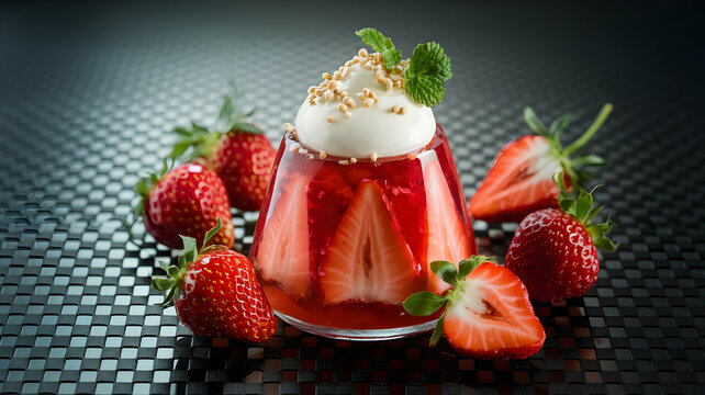 Fresh strawberries and cream dessert in a glass with a sweet and creamy drink