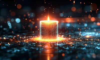 Wall Mural - a glowing cylindrical structure surrounded by digital particles and lights, suggesting a technologic