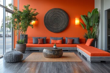 Wall Mural - Modern Living Room Design With Orange Accents And Greenery