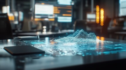 Wall Mural - Futuristic interactive desk displaying holographic data as a 3d landscape in a modern office environment, showcasing innovative technology and data visualization