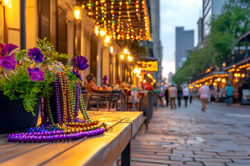 Colorful mardi gras beads and vibrant street scene in evening light