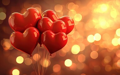 Wall Mural - Heart-shaped balloon arrangement with a glowing bokeh background and a centered blank space for customizable greetings for Valentines Day, 8 March, and International Womens Day