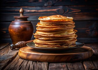 Wall Mural - Maslenitsa: High Stack of Thin Russian Pancakes, Rustic Silhouette