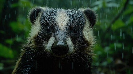 Wall Mural - Wet badger portrait in rain, forest background, wildlife photography