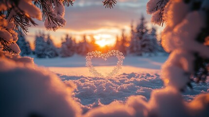 Canvas Print - Winter sunset, snow heart, forest. Romantic postcard