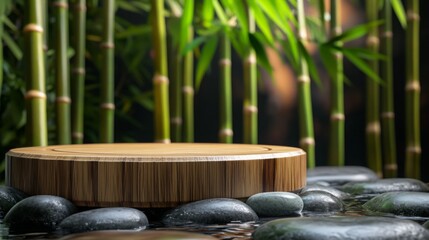 Poster - A bamboo podium rests on smooth stones, surrounded by vibrant green bamboo. The tranquil environment captures the essence of spring, evoking peacefulness and natural beauty.