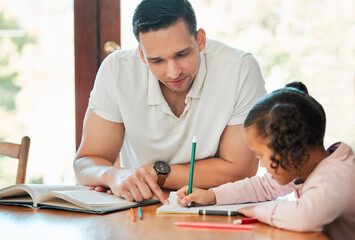 Aufkleber - Dad, child or writing with book for learning, education or homeschooling lesson on table. Father, kid or helping little girl with homework, project or preschool assignment for teaching or tutoring