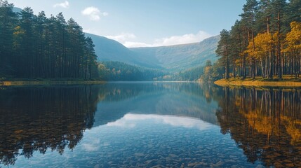 Poster - Early morning light bathes the peaceful lake, framed by tall pine trees and colorful autumn leaves. The stillness creates perfect reflections of the surrounding mountains and sky