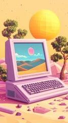 Fototapete - Retro Computer in a Low Poly Desert Landscape