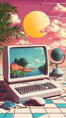 Fototapete - Retro Computer Displays Pixelated Tropical Landscape