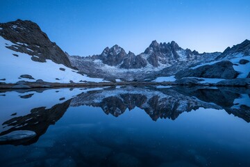 Poster - A glassy alpine lake reflecting a starlit sky, surrounded by snowy peaks