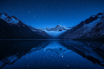 Wall Mural - A glassy alpine lake reflecting a starlit sky, surrounded by snowy peaks