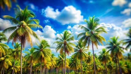 Wall Mural - Miniature Tropical Paradise: Palm Trees, Blue Sky, Clouds - Tilt-Shift Photography