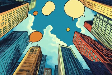 Wall Mural - A hand-drawn comic-style city, frozen in time with speech bubbles floating midair