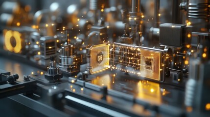 Poster - Innovative automated production line manufacturing microchips and processors with 5g technology in a high tech factory, highlighting advancements in the semiconductor industry