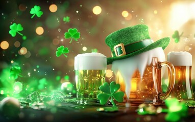 Wall Mural - Magical Saint Patrick Day mockup background with leprechaun hat, beer mugs, and swirling green lights leaving room for text