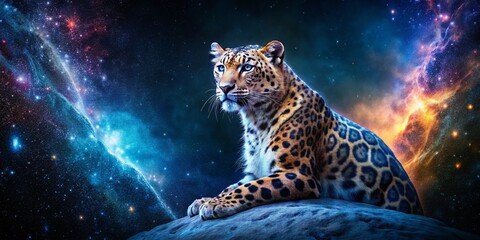 Wall Mural - Minimalist Cosmic Leopard: Stardust Big Cat Illustration